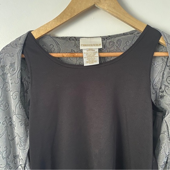 Vintage Christie & Jill Black Gray Floral Button Blouse w. Built in Tank Top SP - Picture 4 of 7